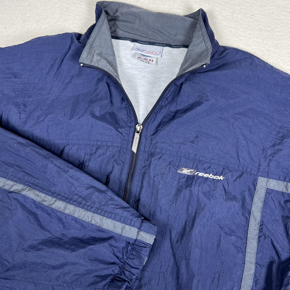 Reebok Windbreaker Jacket Men's Medium Navy Blue Gray Stripes Nylon Y2K
